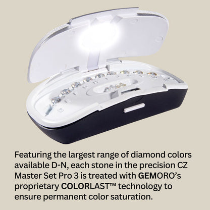 Open GEMORO CZ Master Set Pro 3 case showcasing D through N diamond color stones with COLORLAST treatment on beige background