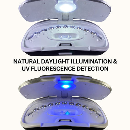 Front view of CZ Master Set Pro 2 1.00CT stone set in organizing case showing daylight and UV fluorescence detection