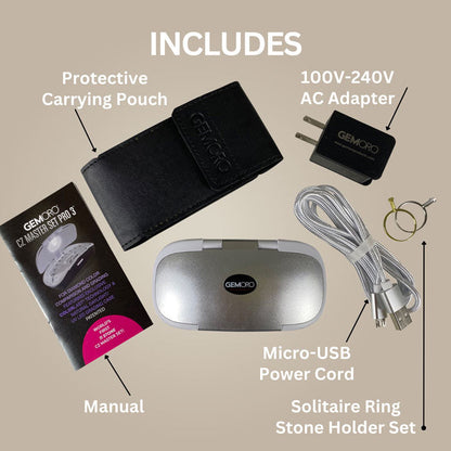 GEMORO CZ Master Set Pro 3 kit includes silver grading case, black pouch, AC adapter, USB cord, rings, and manual.