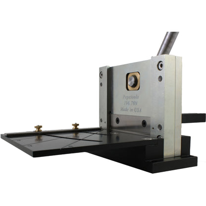 Front three-quarter view of 4 inch Guillotine Shear with lever and cutting table on a white background