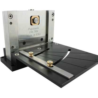 Front three-quarter view of 4 inch Pepetools guillotine shear with metal cutting guide and gold adjustment knobs