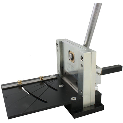 Angled view of 4 inch Guillotine Shear showcasing its metal cutting mechanism and black base on a white background