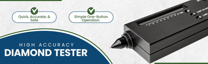 Angled view of GTE diamond tester showcasing high accuracy and one button operation with a white promotional background