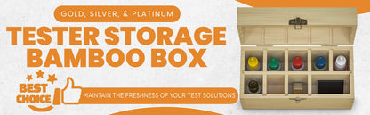 Open view of 9-slot bamboo tester box with solution compartments and Gold Silver and Platinum Tester Storage Bamboo Box text