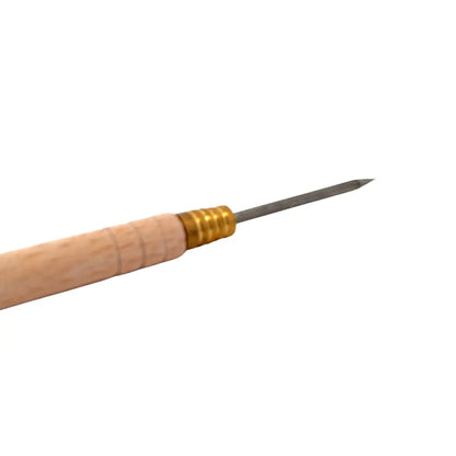 Side view of a carbide soldering pick with StayCool aluminum handle showcasing its pointed tip and gold-tone collar on white