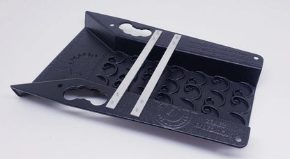 Angled view of black 6X22 Expedition Sluice Box showcasing Vortex Dream Mat with two silver retaining bars on a white background