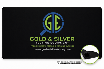 Black desk mat with "GOLD & SILVER TESTING EQUIPMENT" logo, 3mm thickness, and stitched edges.