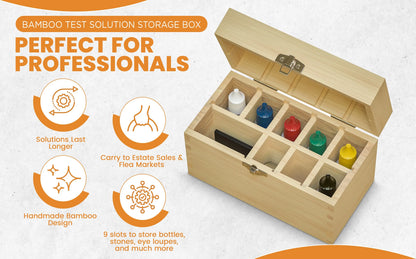 Open bamboo test solution storage box with nine slots for bottles, stones, and eye loupes, labeled Perfect for Professionals