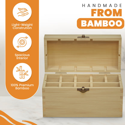 Open view of 9-slot bamboo gold testing kit storage box showcasing spacious interior and handmade bamboo construction