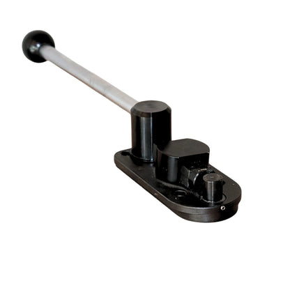 Angled view of XL ring bender handle and cam upgrade showcasing black base, cylindrical posts, and silver lever on white background