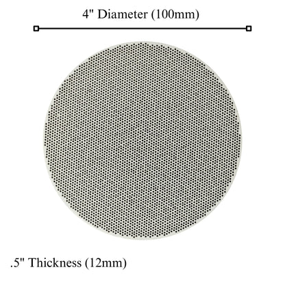 Top view of honeycomb ceramic soldering block showcasing 4 inch 100 mm diameter and 0.5 inch 12 mm thickness on white background
