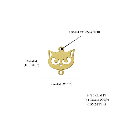 Cat face permanent jewelry connector, 13.5 by 12.5 mm, 1.2 mm connector, 0.4 g, 0.5 mm thick, 14/20 gold fill