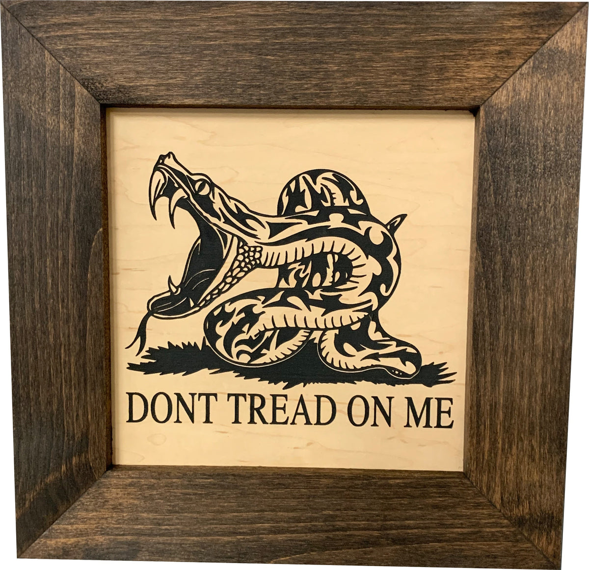 Wood-framed square sign with black laser-engraved coiled rattlesnake and "DONT TREAD ON ME".