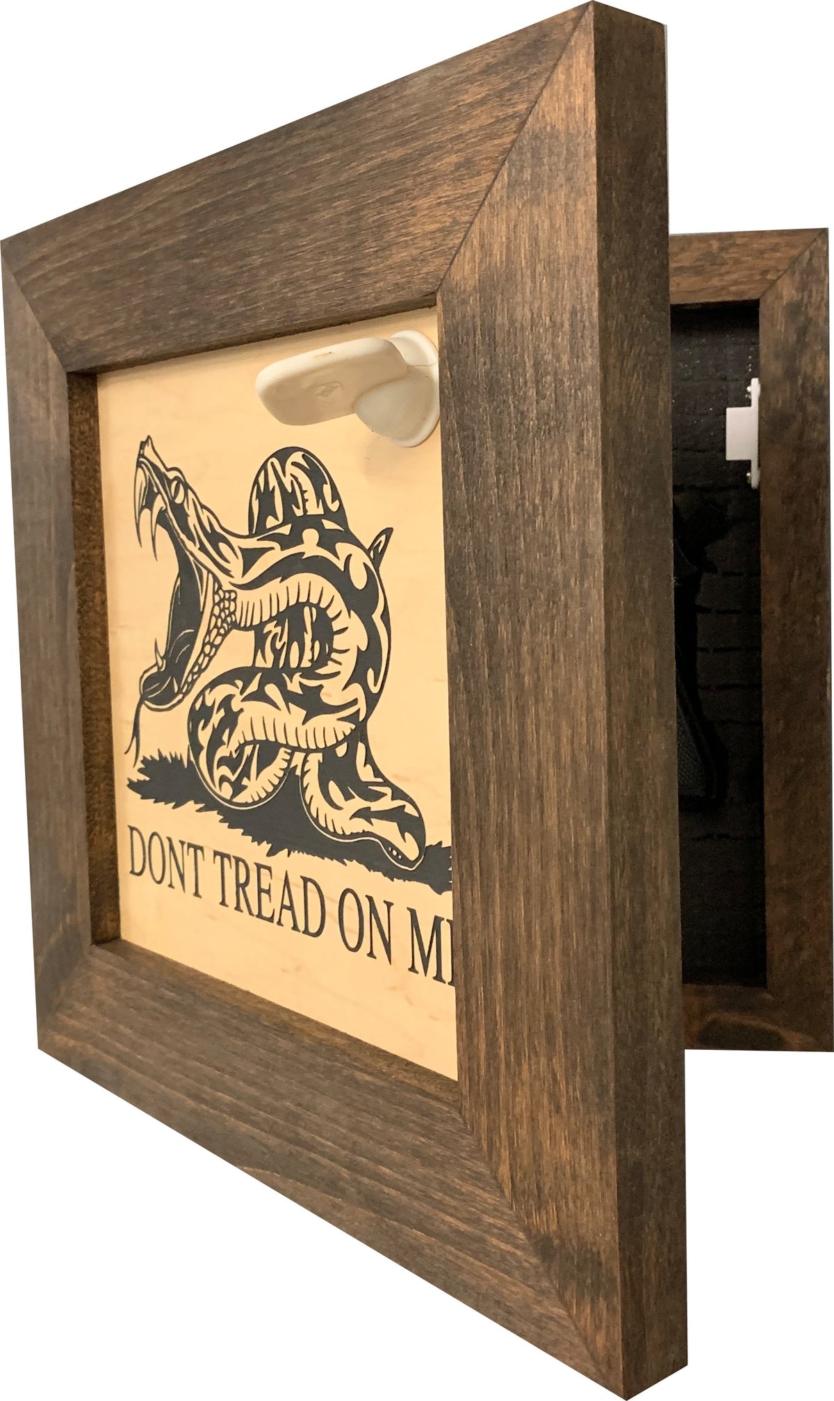 Brown wooden concealment wall art with a Gadsden snake graphic and the text "DONT TREAD ON ME."