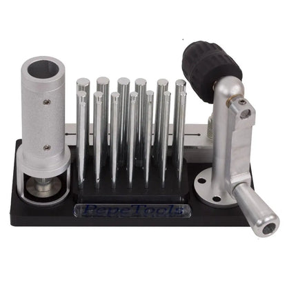 Front view of Jump Ring Maker 2 showcasing multiple metal mandrels, a cylindrical housing, and hand crank on a white background