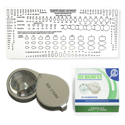 Included diamond weight estimator chart and 30x magnifier for the jewelry testing and appraisal kit