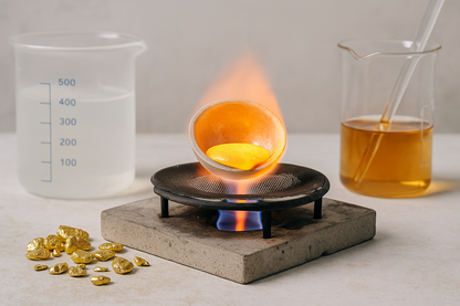 Gold refining setup with a crucible heated over a burner, gold pieces, and beakers of liquids