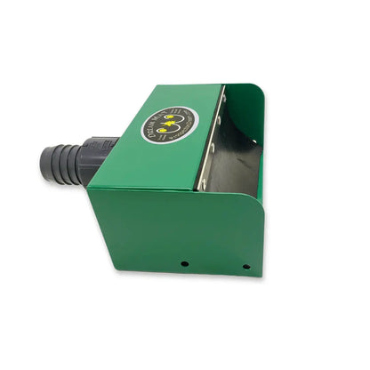 Angled view of Prospectors Dream 8 inch Header Box Kit showcasing green housing, black inlet, and metal riffle section on a white background