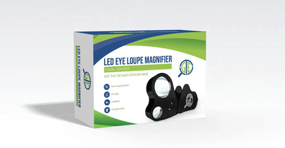 Front view of LED eye loupe magnifier box showcasing dual 30x and 60x magnification on a white background
