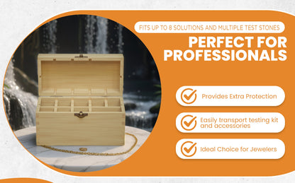 Promotional infographic showing a bamboo testing box for professionals, fitting up to 8 solutions and multiple test stones