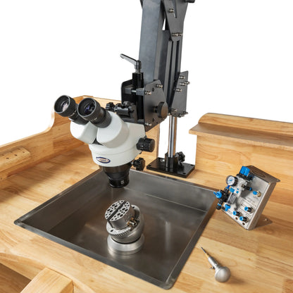 Angled view of Stone Setters Workbench, Professional Series, Hardwood showcasing microscope and metal basin