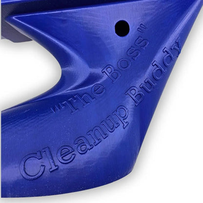 Close-up of The Boss Clean Up Sluice Box showcasing embossed branding on blue plastic with a white background