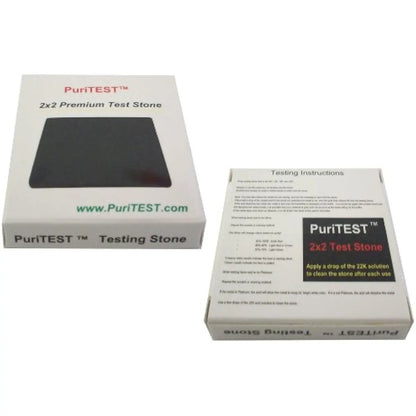 Front view of PuriTEST 2x2 Premium Test Stone with testing instructions box on a white background