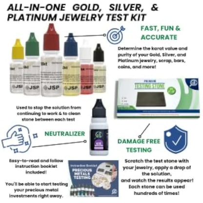 All-in-one gold, silver, and platinum jewelry test kit with acid solutions and damage-free testing instructions