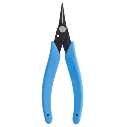 Front view of Xuron Tweezer Nose 450 pliers showcasing blue handles and pointed black jaws with a white background