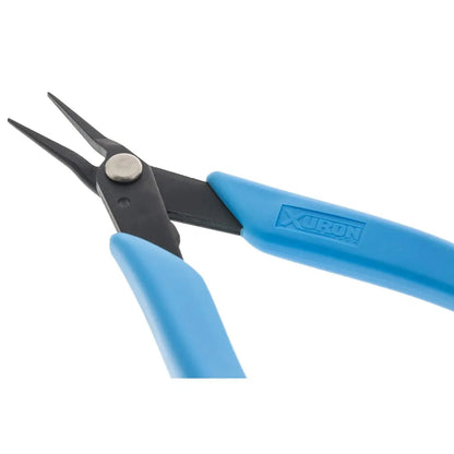 Angled view of Xuron Tweezer Nose 450 pliers showcasing narrow black jaws and blue handles on a white background