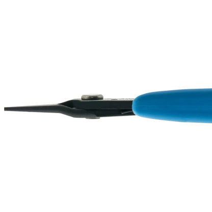 Side view of Xuron Tweezer Nose 450 showcasing pointed black jaws and blue handle on white background
