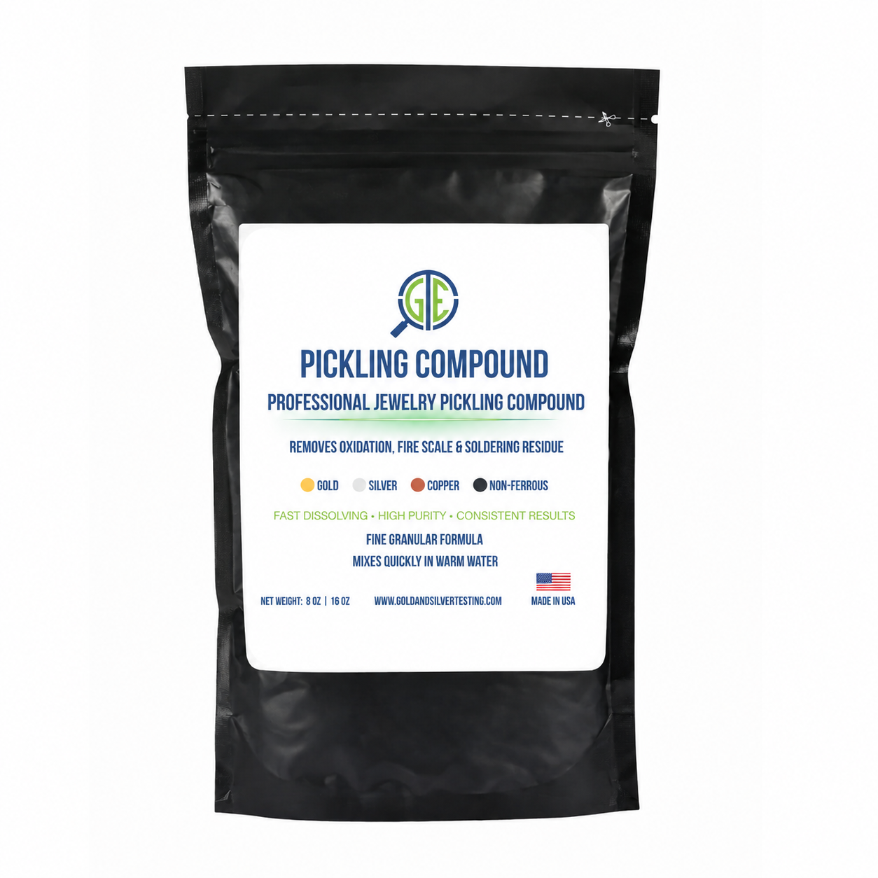Black ziplock pouch of Professional Jewelry Pickling Compound with a white product label.