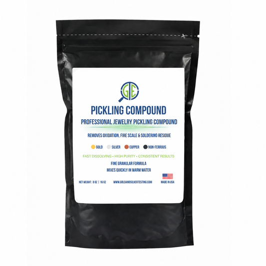 Black ziplock pouch of Professional Jewelry Pickling Compound with a white product label.