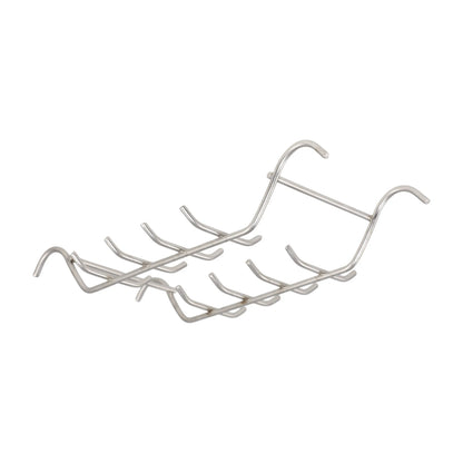 Angled view of Pepetools stainless steel ultrasonic rack showcasing slots for 16 individual rings with white background