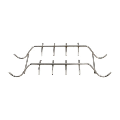 Front view of Pepetools stainless steel ultrasonic rack showcasing two tiers of ring-holding hooks on a white background