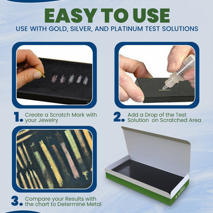Instructional infographic showing three steps to test jewelry with gold, silver, and platinum solutions