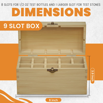 Open wooden 9-slot storage box showing eight test-bottle slots and one stone slot, 8 inches wide by 3.9 inches high