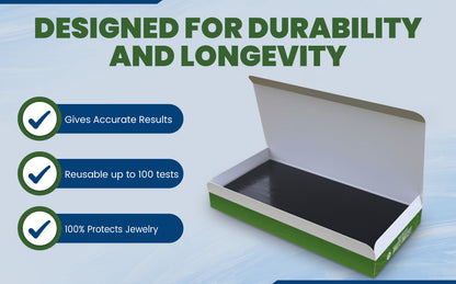 Product graphic showing a scratch testing stone built for durability, accurate results, up to 100 tests, and jewelry protection