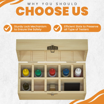 Why you should choose us graphic showing a bamboo testing box with a sturdy lock and slots for testers