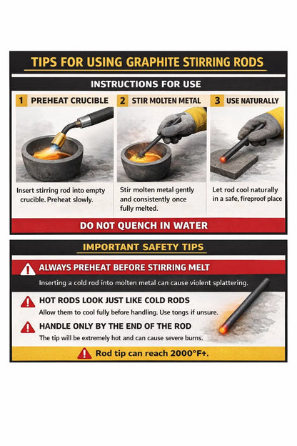 Graphite stirring rod safety guide: preheat slowly, stir molten metal gently, cool naturally, and never quench in water