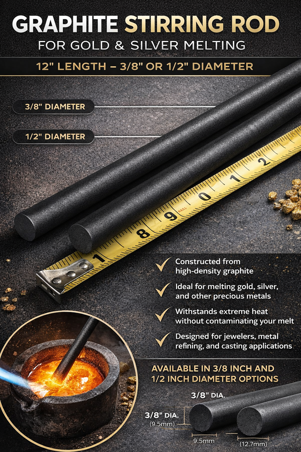 12" Graphite Stirring Rod – Gold, Silver & Precious Metal Melting – 3/8" or 1/2"