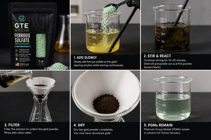 Six-panel infographic showing ferrous sulfate gold recovery steps and PGMs remaining in solution