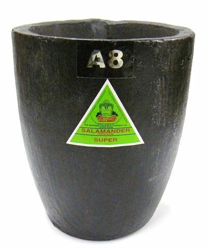 Dark gray A8 Salamander Super clay-graphite melting crucible with a triangular brand label.
