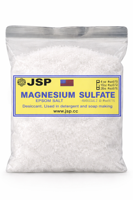 A clear plastic zip bag filled with white magnesium sulfate crystals, featuring a yellow label with JSP branding.