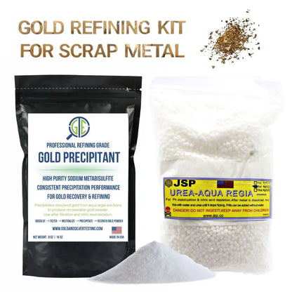 Front view of Gold Recovery Kit showcasing sodium metabisulfite and urea packages with white background