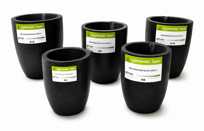 Five black Salamander Super clay-graphite crucibles of varying sizes, labeled A5 through A12, on a white surface.