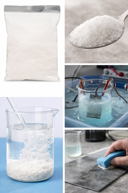 Collage showing white powder in a sealed bag, being scooped, dissolving in a beaker, in an electrolytic bath, and used for cleaning.