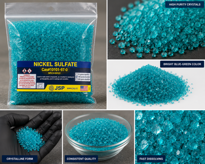 Collage view of JSP nickel sulfate crystals showcasing high purity and bright blue green color in a labeled bag and dish
