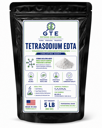 Black 5 lb zip pouch of Tetrasodium EDTA refining chemical with a white label detailing specs.