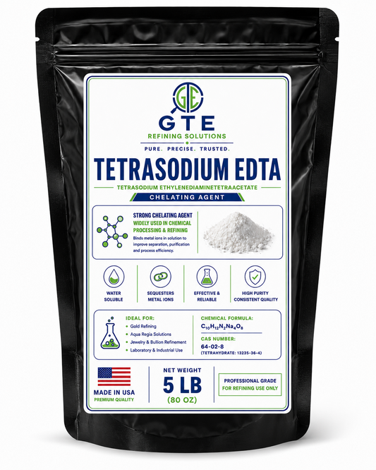 Black 5 lb zip pouch of Tetrasodium EDTA refining chemical with a white label detailing specs.